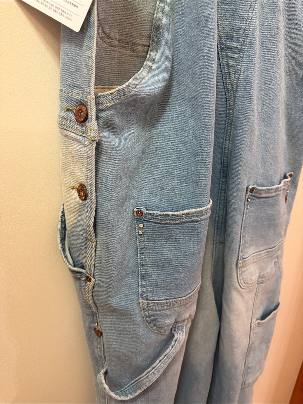 Fracomina Light Wash Distressed Denim Overalls with Heavy Rip & Rhinestones - Picture 14 of 14